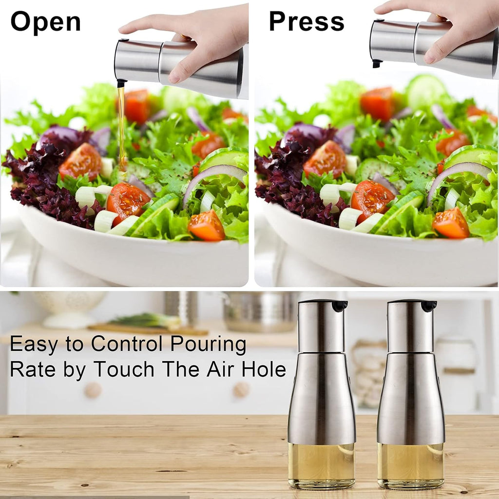 Silver Olive Oil and Vinegar Dispenser Set, 10OZ Oil Dispenser Cruet with Easy & Drip Free Pouring, Elegant - Set of 2