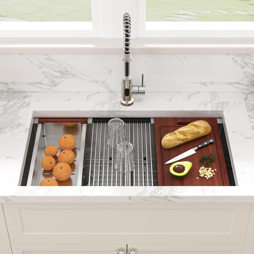 32 Undermount Kitchen Sink Double Bowl- 32x19 Inch Double Undermount Sink Stainless Steel 16 Gauge Ledge Workstation