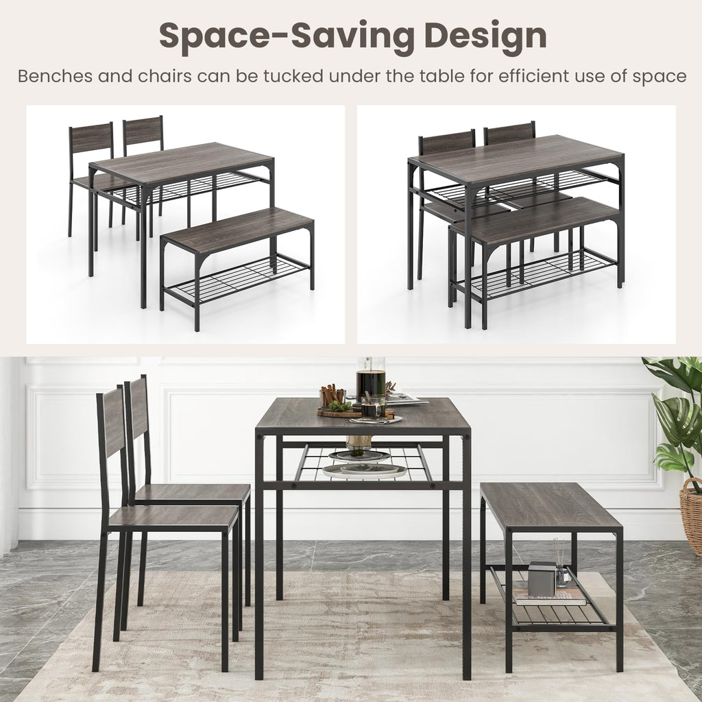 Dining Table Set for 4, Kitchen Table with Chairs & Bench, Storage Racks, Metal Frame, 4-Piece Space-Saving Dinette