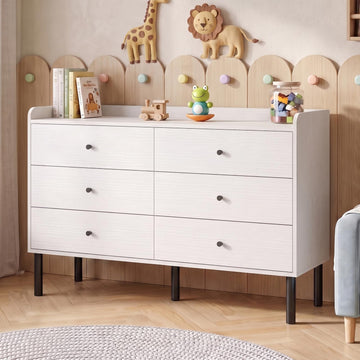 White Dresser, 6 Drawer Dresser with Wide Drawer and Metal Handles, Modern Entryway
