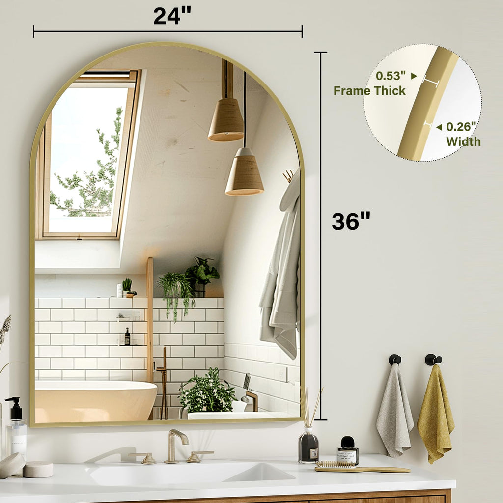Arch Bathroom Mirror, 24x36 Inch - Wall Mounted Vanity Mirror with Aluminum Alloy Frame - Ideal, and Entryway