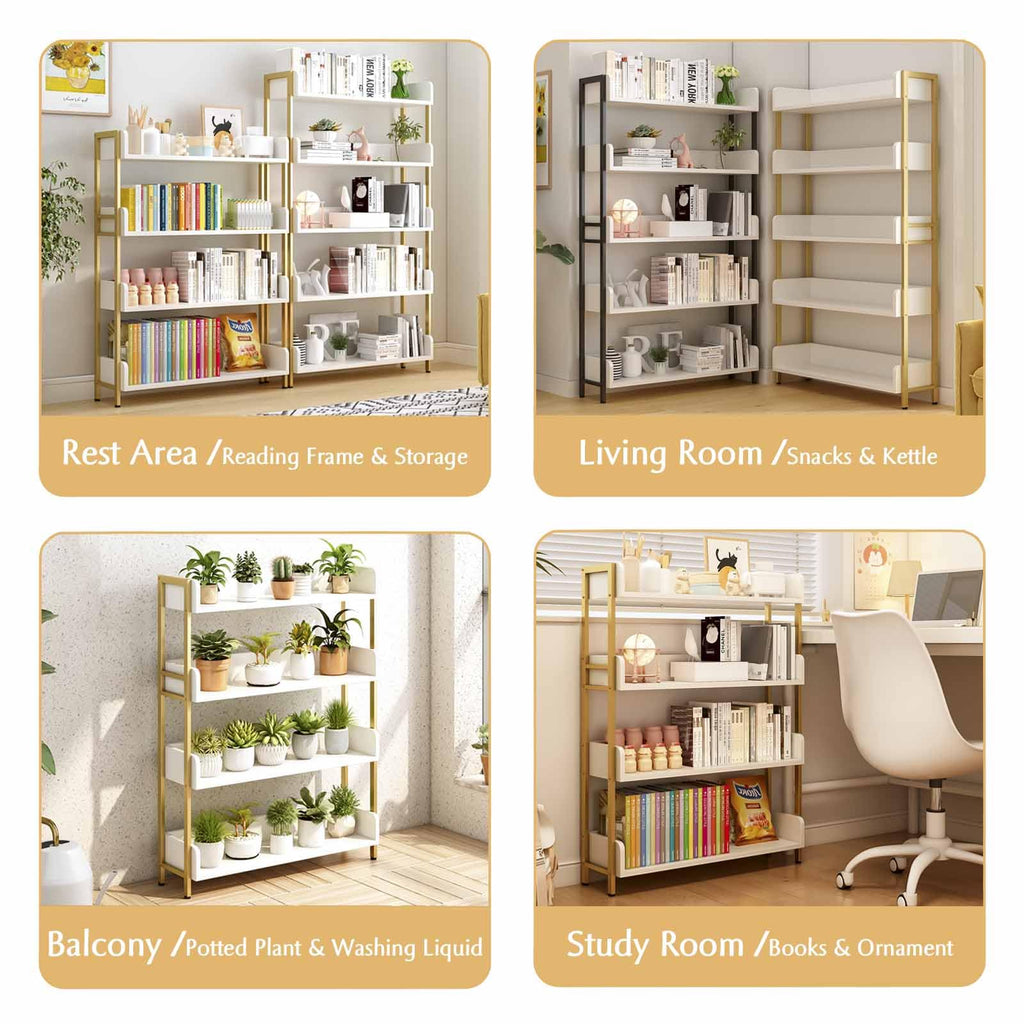 Wide Open Shelf Bookcase, 4-Tier, White with Gold Frame
