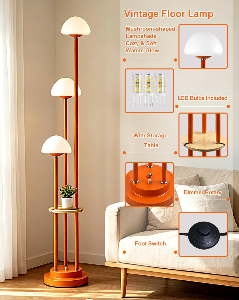 Orange Floor Lamp with Table, 3-Light Modern Mushroom Floor Lamps