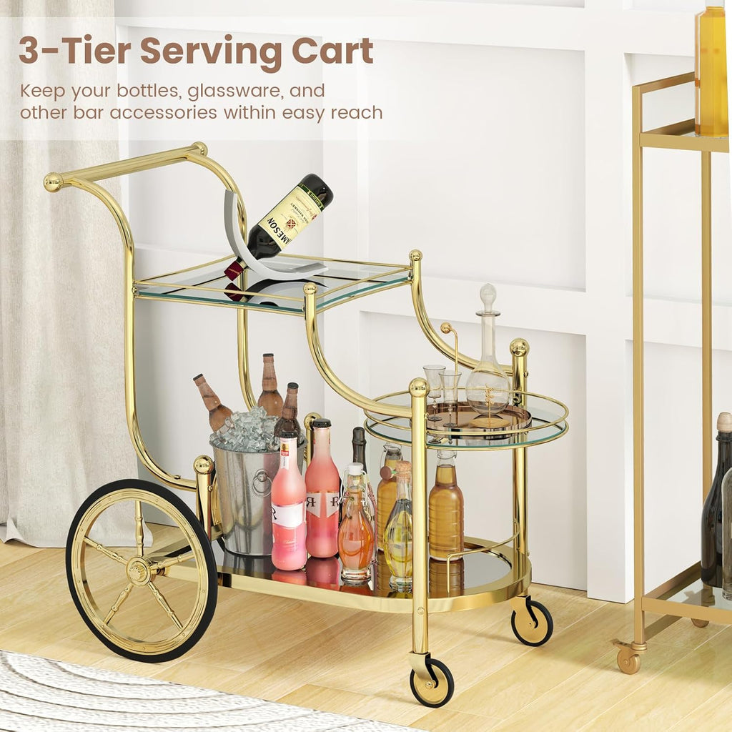 Glass Rolling Bar Cart, 3-Tier Mirrored Serving Bistro Cart with Wheels and Metal Rails, Mobile Wine Drink Cart