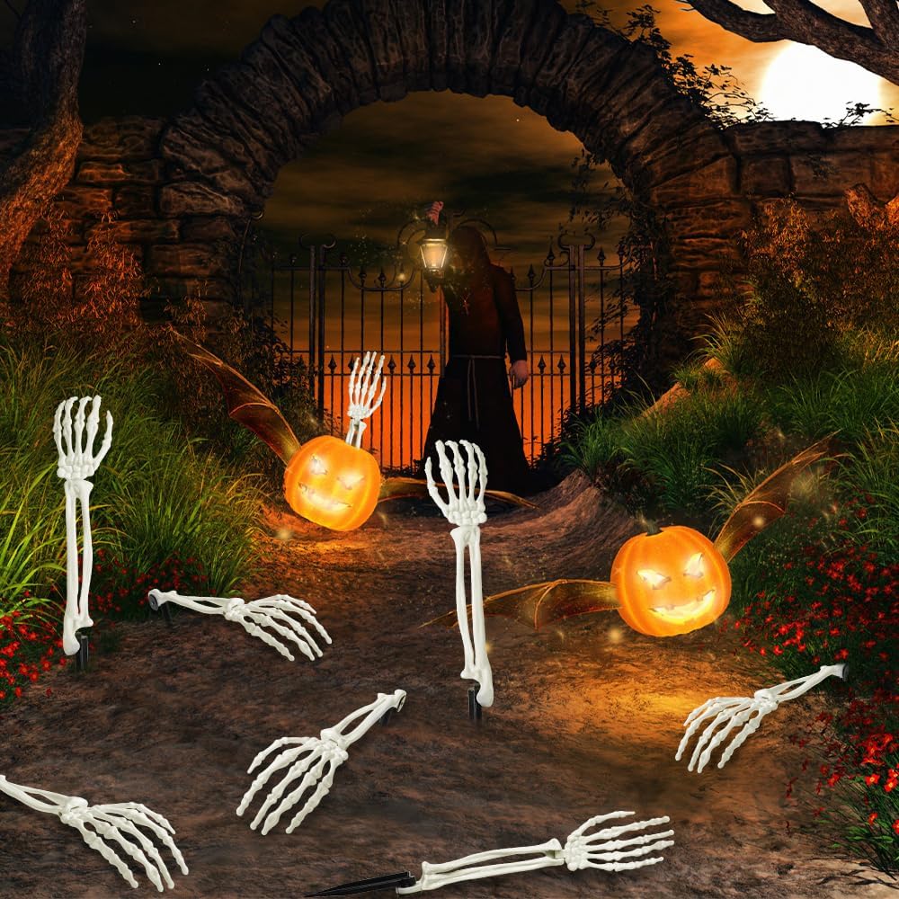 Halloween Skeleton Arm Decor White Hands Stakes - Set of 10