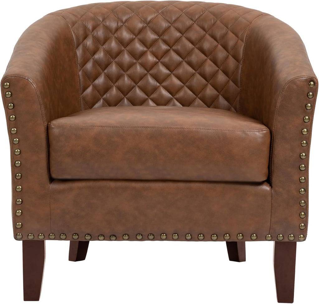 PU Leather Barrel Accent Chairs, Upholstered Armchair, Brown - Set of 2