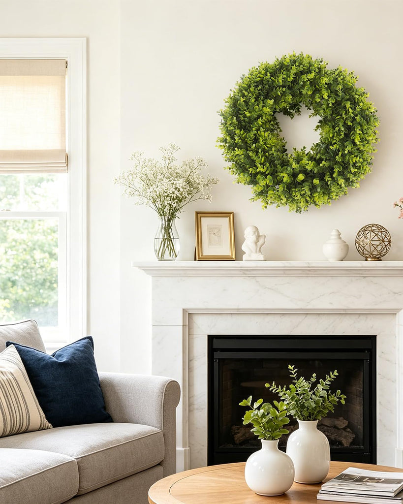 24in Boxwood Wreath for Front Door,Green Wreaths,Greenery Summer Wreath for All Season,Farmhouse, Outdoor, Porch