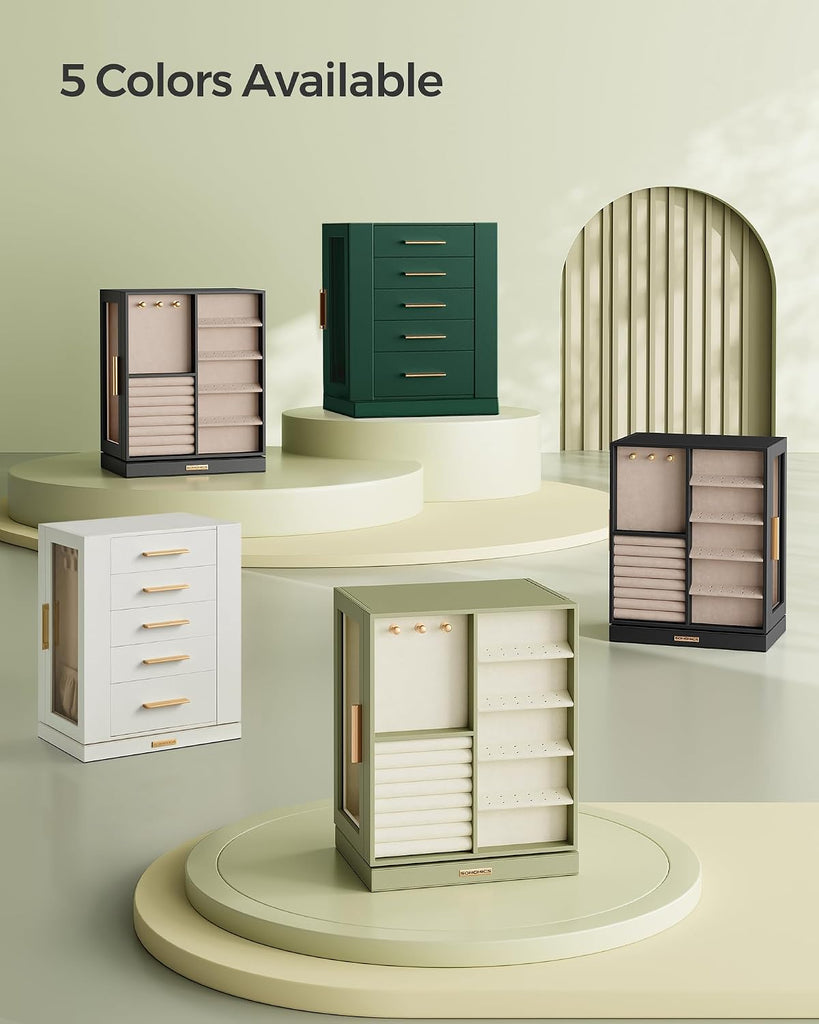Jewelry Box Organizer, 360° Rotating, 5 Drawers, Laurel Green