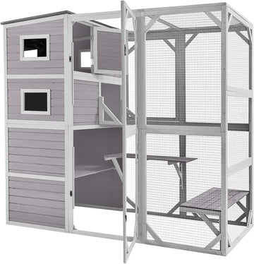 76.8 Inches Large Wood Catio, Catio Outdoor Cat Enclosure Large Walk in Cat Cage with 3 Platforms and 2 Resting Houses