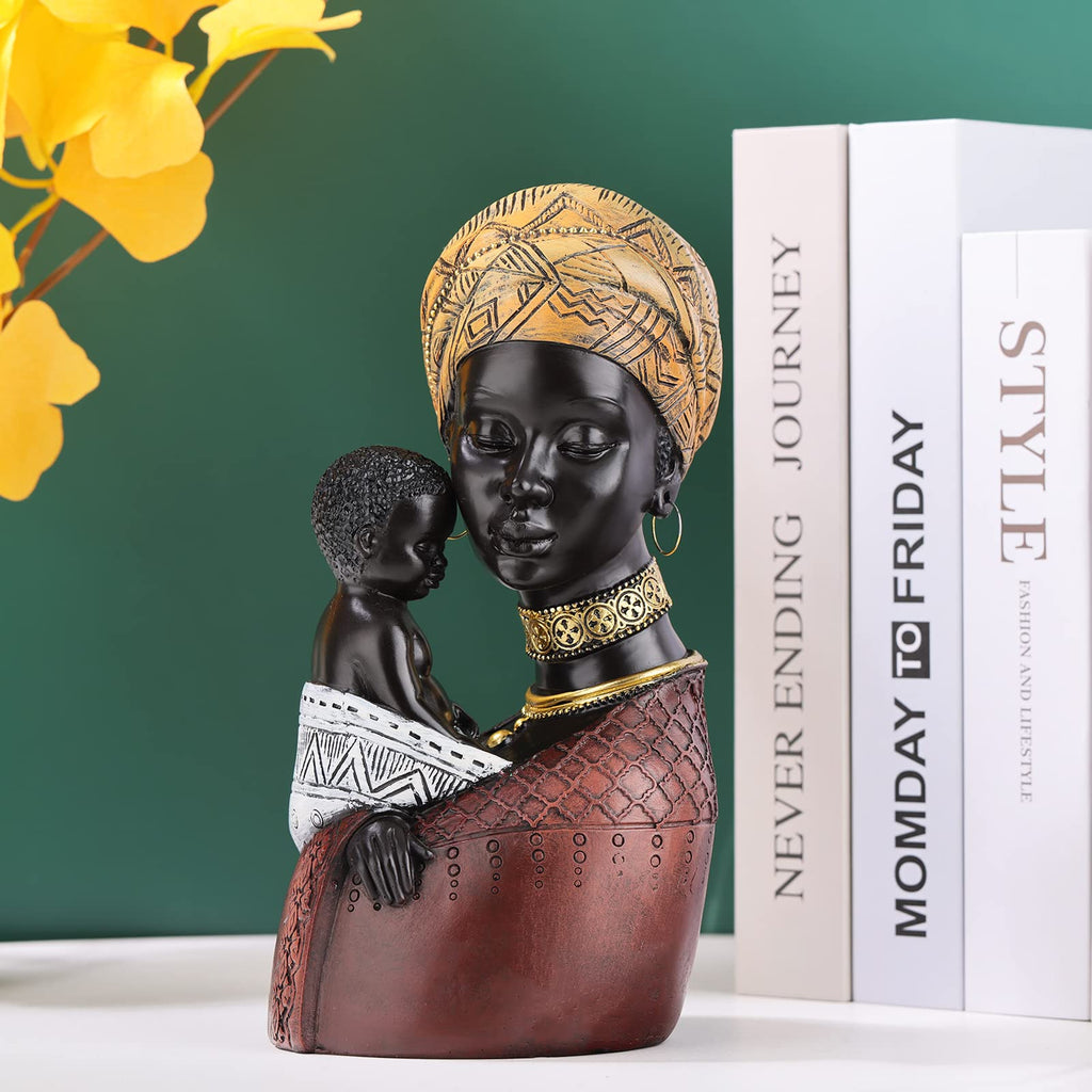 African Art Mother and Child Figurine - Black Woman Bust Statue Decor - Resin Sculpture Accent, Desktop
