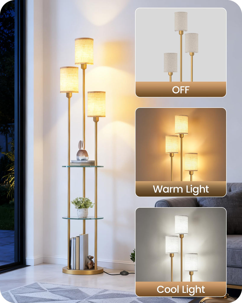 Floor Lamp with Shelves, Modern Floor Lamp with 3 Linen Shades and Foot Switch, 3-Light Standing Lamp, Study, Office