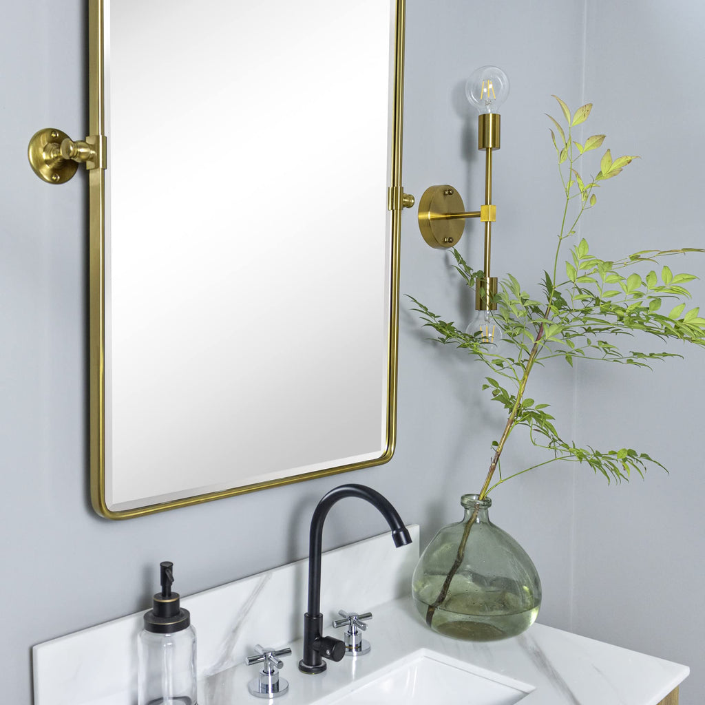 Gold Pivot Rectangle Bathroom Vanity Mirrror Farmhouse Tiltable Rounded Metal Framed Pivoting Bathroom Mirror
