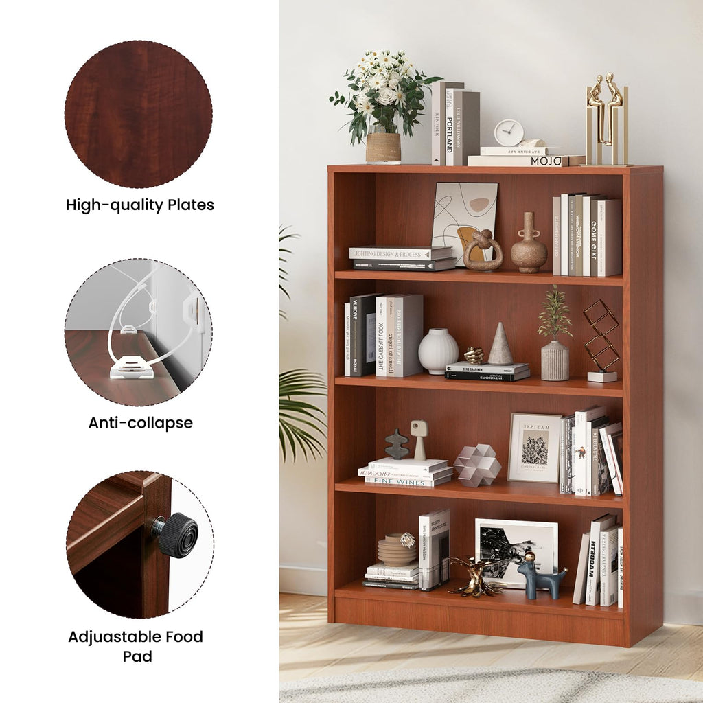 48 Inch Tall 4-Shelf Bookcase, Wood Bookshelf Storage Organizer Adjustable Shelf, Study Room, Easy Assembly, Cherry