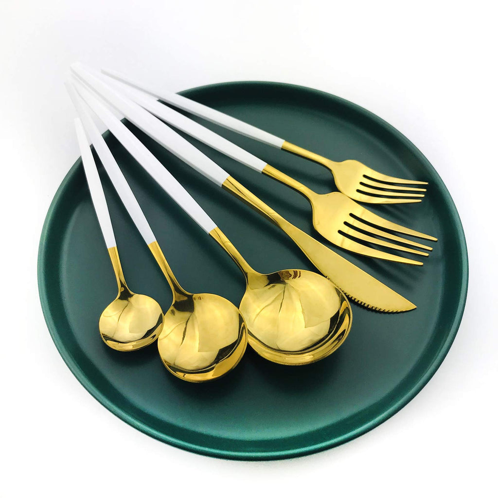 36-Pieces Silverware Mirror Polished Dinnerware Gold Flatware With White Handle, 18/0 Stainless Steel Cutlery Set