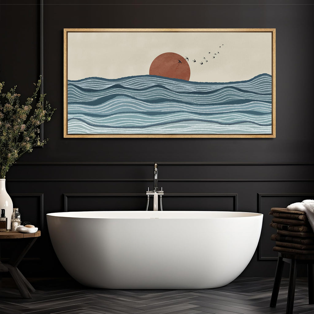 Extra Large Framed Canvas Print Wall Art Calm Seascape Ocean Waves and Setting Sun Illustrations Antique Retro Fine