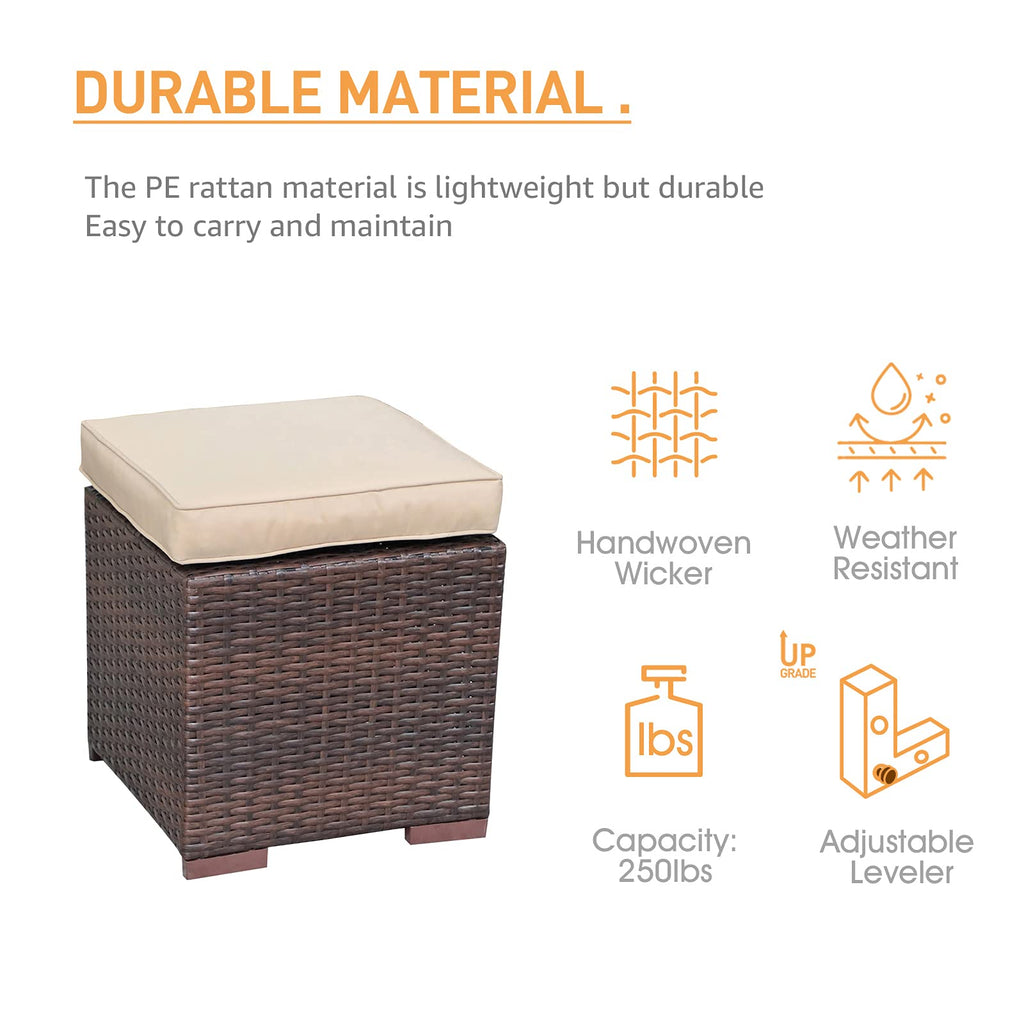 2 Pieces Assembled Outdoor Patio Ottoman, Dark Brown Wicker, Beige
