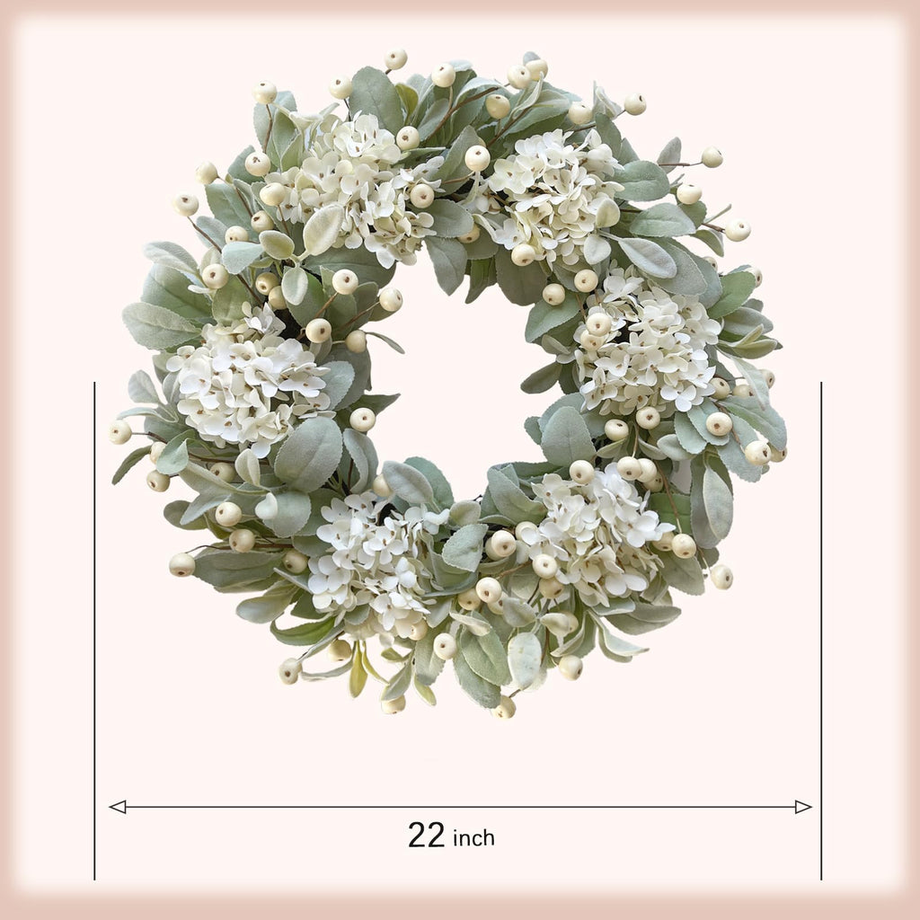 22 Inch Lambs Ears Leaves Everyday Wreath with Ivory Hydrangea and Cream Berries, Spring Summer Greenery Wreath with