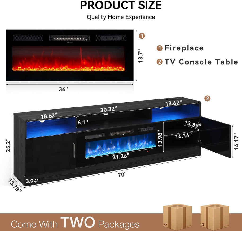70" Fireplace TV Stand with Power Outlet for TVs UP to 80", Electric Fireplace Entertainment Center with LED Lights &