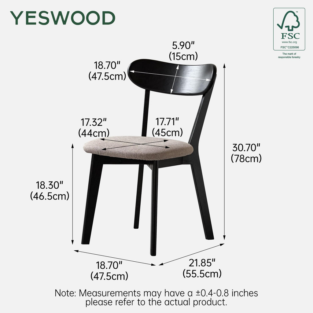 Oak Dining Chairs Set of 4, Solid Wood Upholstered Kitchen Chairs with Curved Backrest, Mid Century Modern Dining