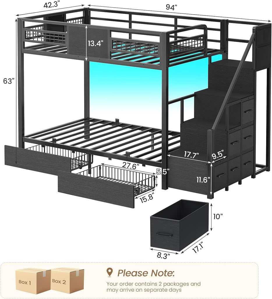 Bunk Bed Twin Over Twin with Stairs, LED Lights Twin Bunk Bed with 2 Storage Drawers & 6 Fabric Drawers