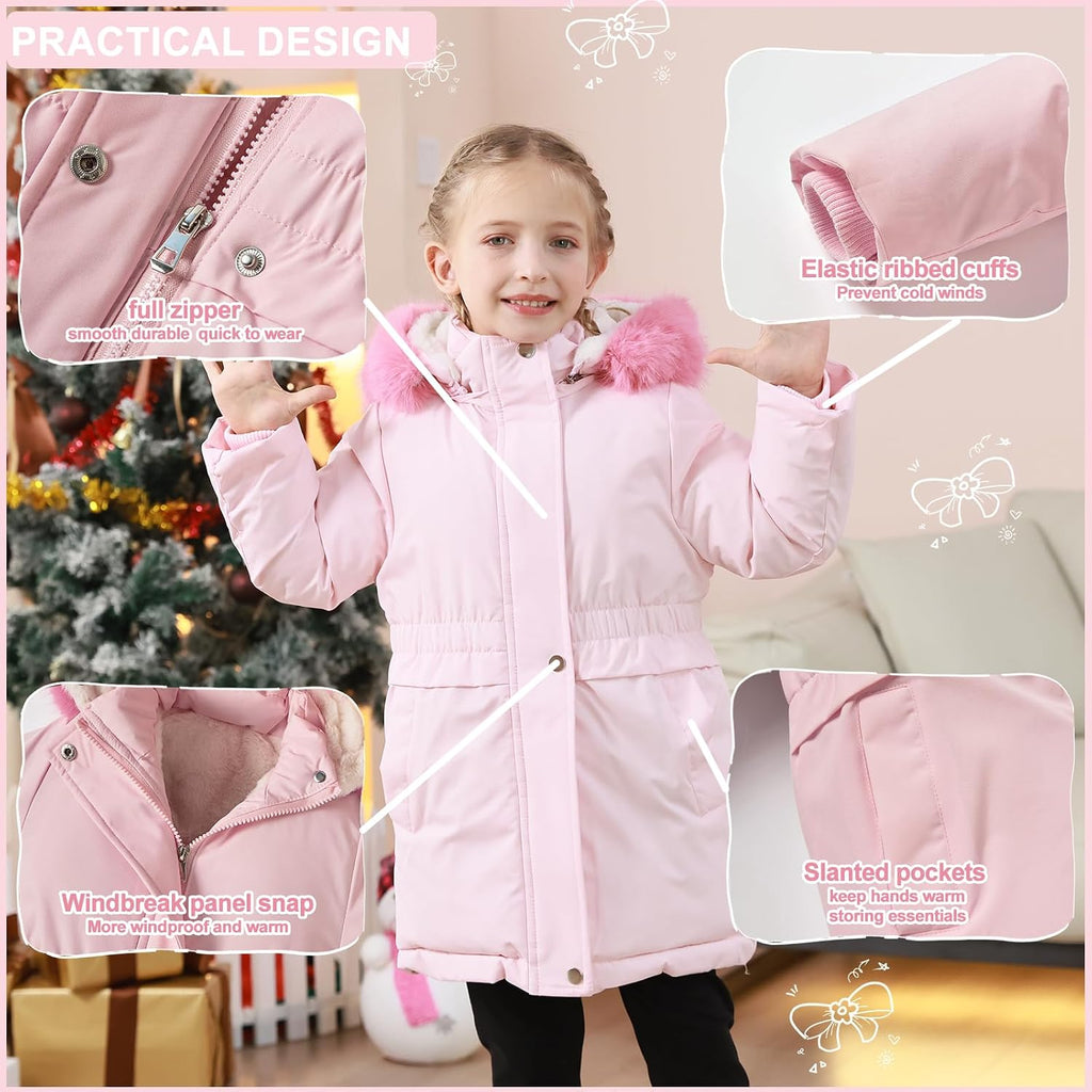 Girls Winter Coat Long Puffer Jacket Outwear Warm Quilted Coats Parka Kids Removable Hood Fleece Inner