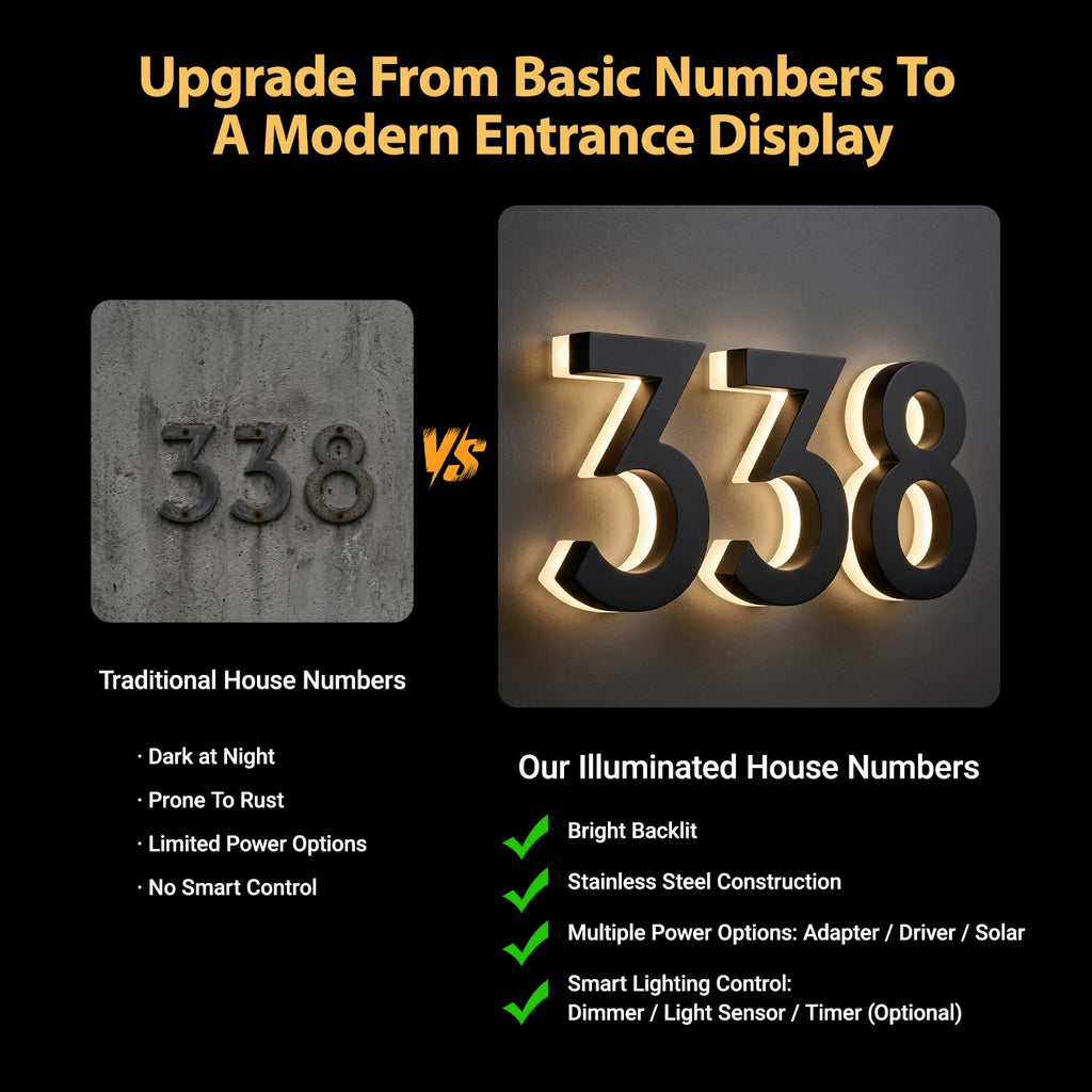 Custom LED House Numbers, Solar or Plug-in Powered Address Signs s