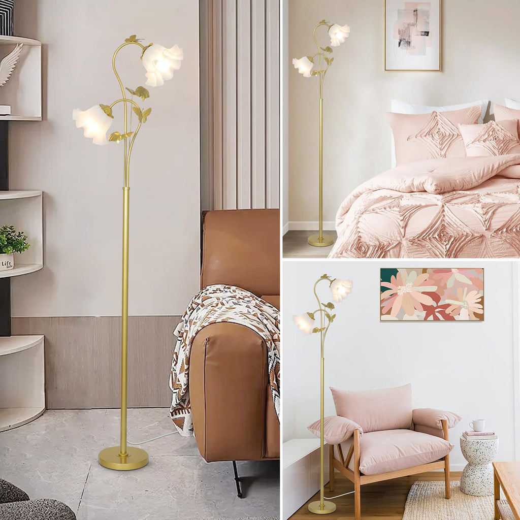 Gold Floor Lamp, Flower Standing Lamp with 2 LED 5W Blubs, Foot Switch, Floral Tall Lamp with Acrylic Shade, Antique