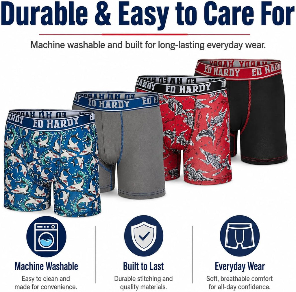 Boys Boxer Briefs Multipack Performance Underwear, Breathable Stretch Fabric, Tattoo Skull Graphic Designs