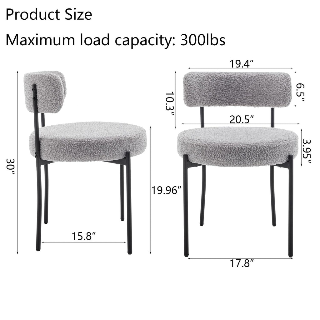Boucle Dining Chairs Set of 6, Upholstered Dining Room Chairs with Black Metal Legs, Round Modern Dining Chair (Light