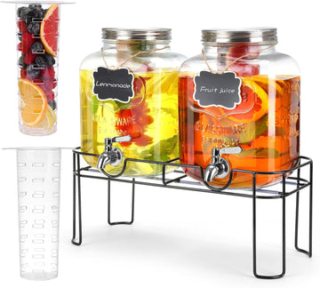 1.6 Gallon Glass Drink dispenser, Beverage Dispenser With Stand, Lemonade Dispenser with Stainless Steel - Set of 2