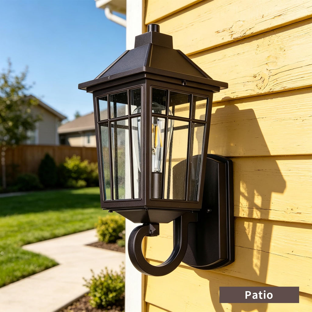 15" Brown Outdoor Wall Light, Rust-Proof Aluminum Waterproof Wall Lantern with Seeded Glass Shade, E26 Hardwired