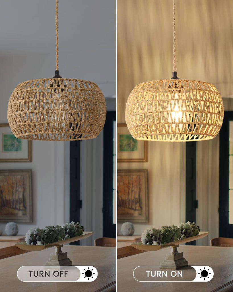 Rattan Boho Hanging Light, 12.6'' Natural Hand Woven Fabric Drum Light, Plug Into Wall Outlet Pendant Light Fixture