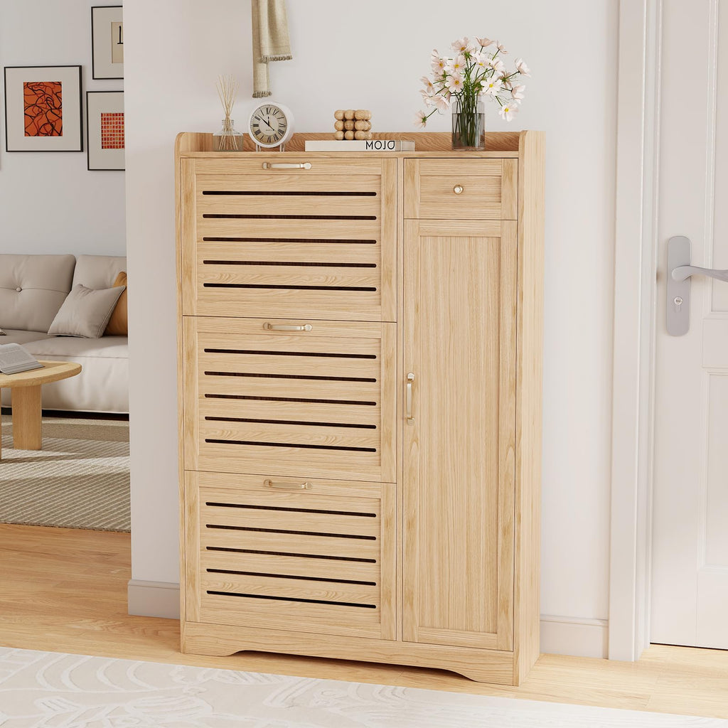 Boho Narrow Shoe Cabinet Storage, Natural Oak Hidden Shoe Rack