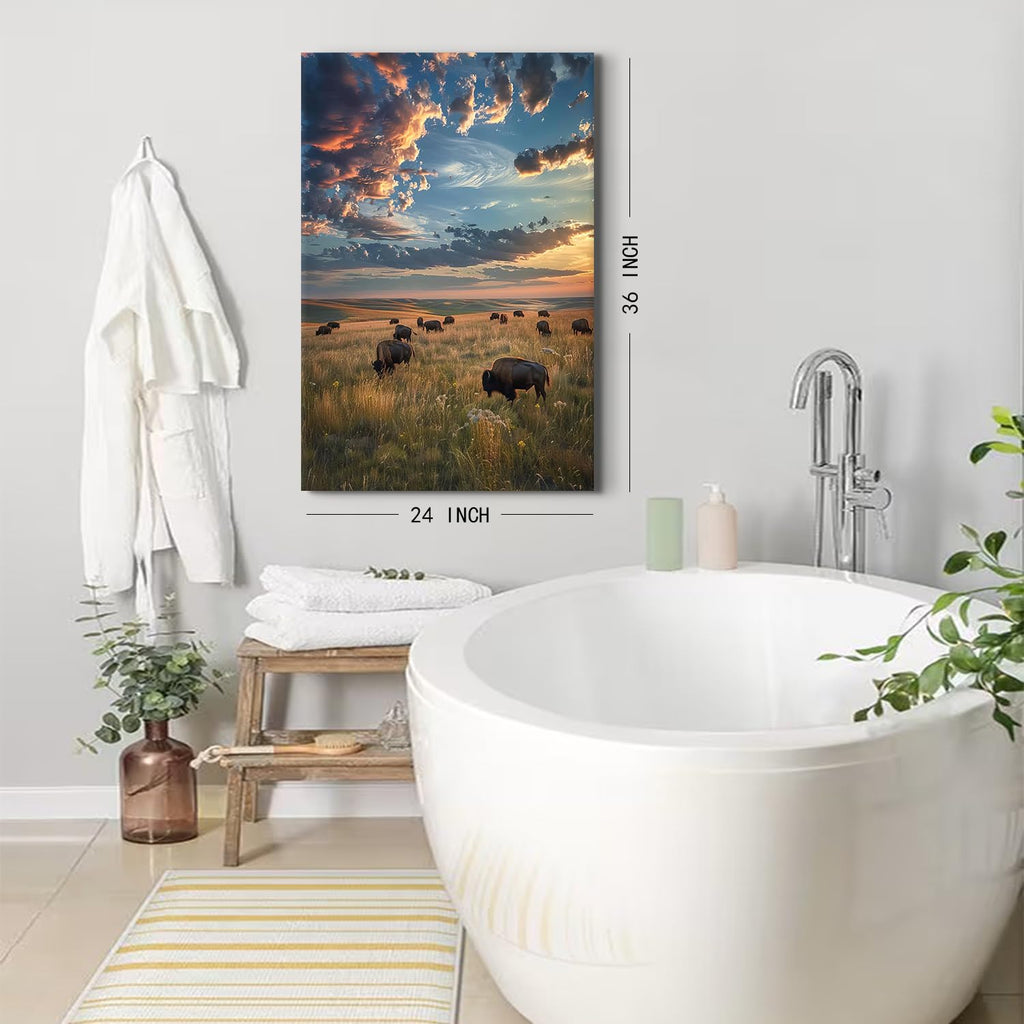 Large Landscape Wall Art Cow Pictures Wall Decor Tallgrass Prairie Scenic Canvas Prints Decor Sunset Nature Scenery