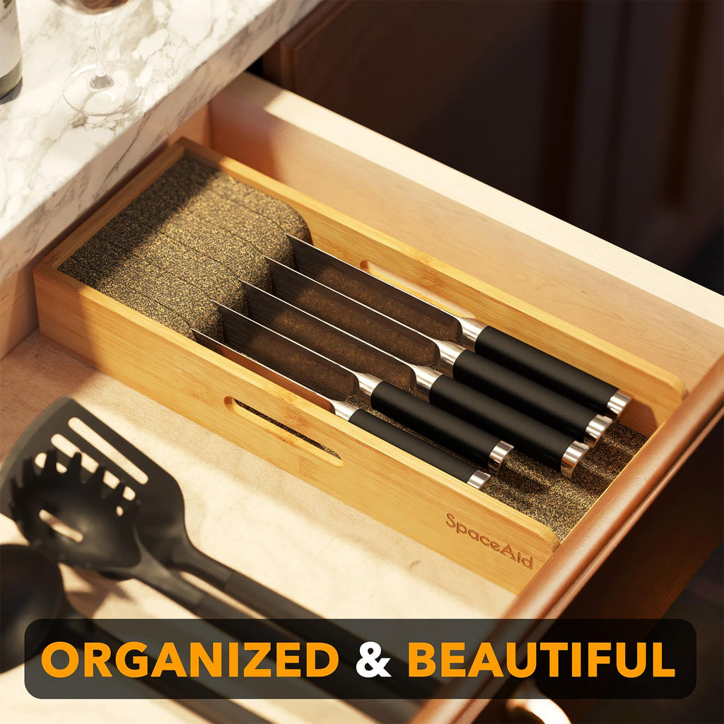 Knife Drawer Organizer Bamboo Insert Dock, Kitchen Steak Knives Holder Organizers Block for Drawer in Storage