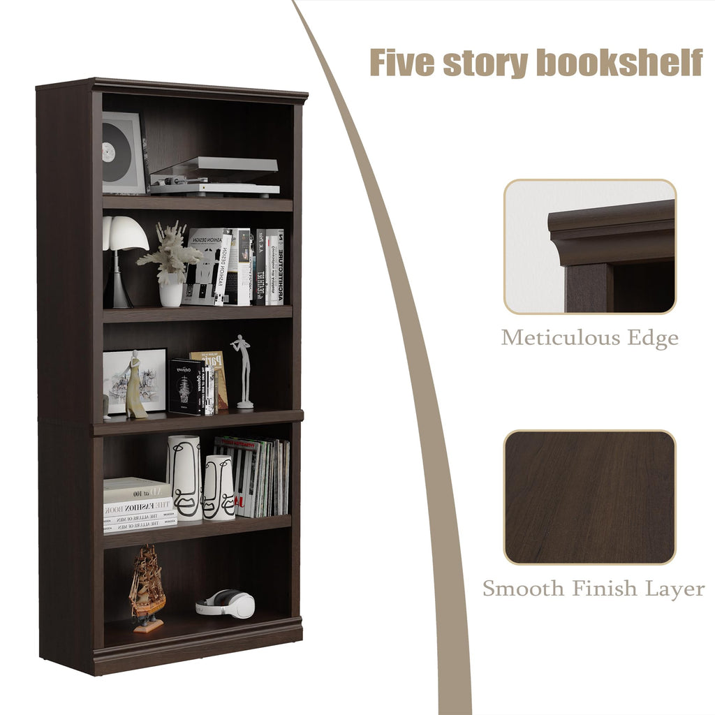 70-Inch Dark Cherry Bookcase, 5-Tier Shelves Open Storage Bookshelf