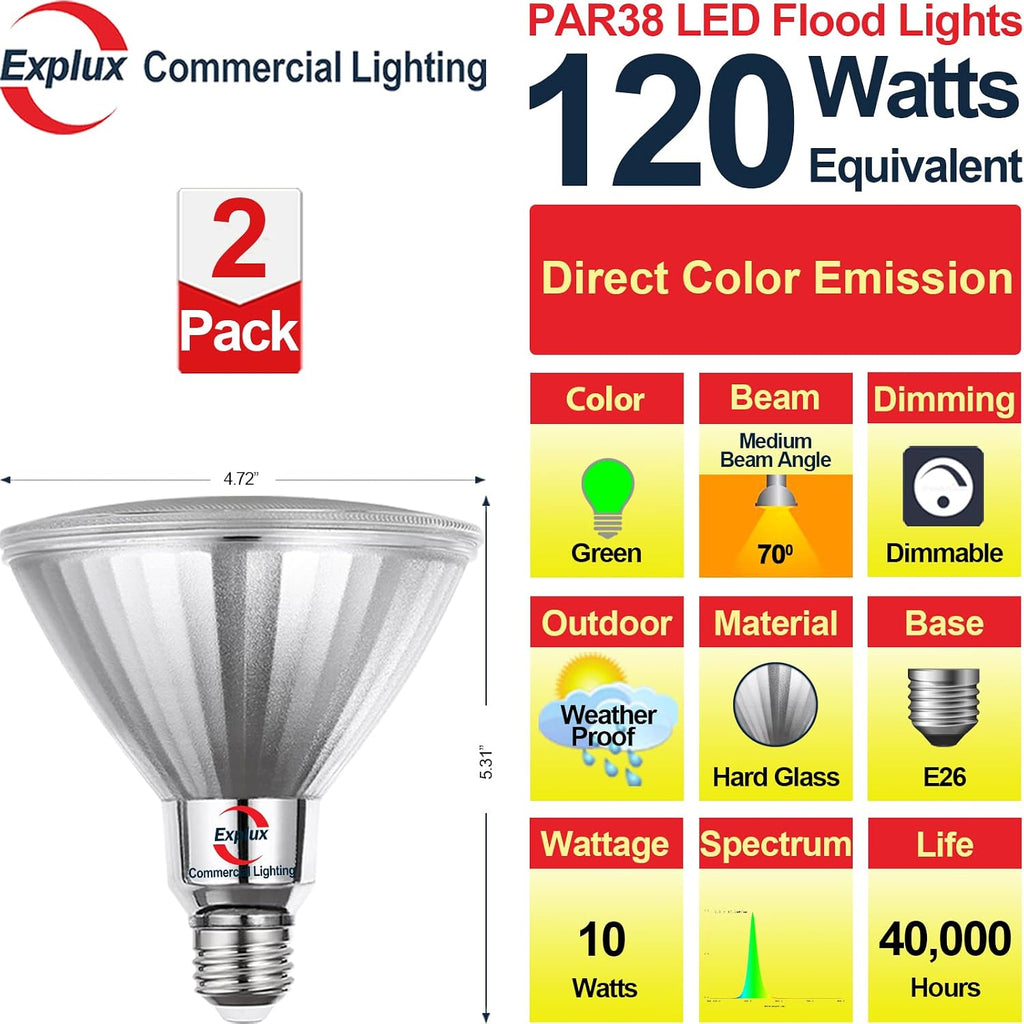 Full Glass LED PAR38 Green Flood Bulb, Direct True LED Color