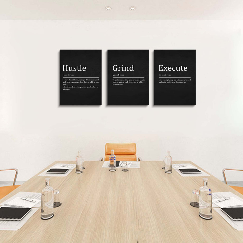 Hustle Grind Execute - Wall Hanging Decor, Framed Canvas Office Art, Set of 3 Inspirational Prints