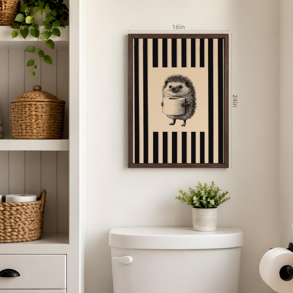 Funny Hedgehog Bathroom Wall Art, Cute Hedgehog Holding Toilet Paper Decor, Beige and Black Stripe Restroom Poster