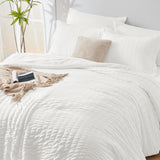 Oversized Queen Comforter Set White Seersucker 7 Pieces 98x98 Bed in a Bag Comforter Set with Sheets
