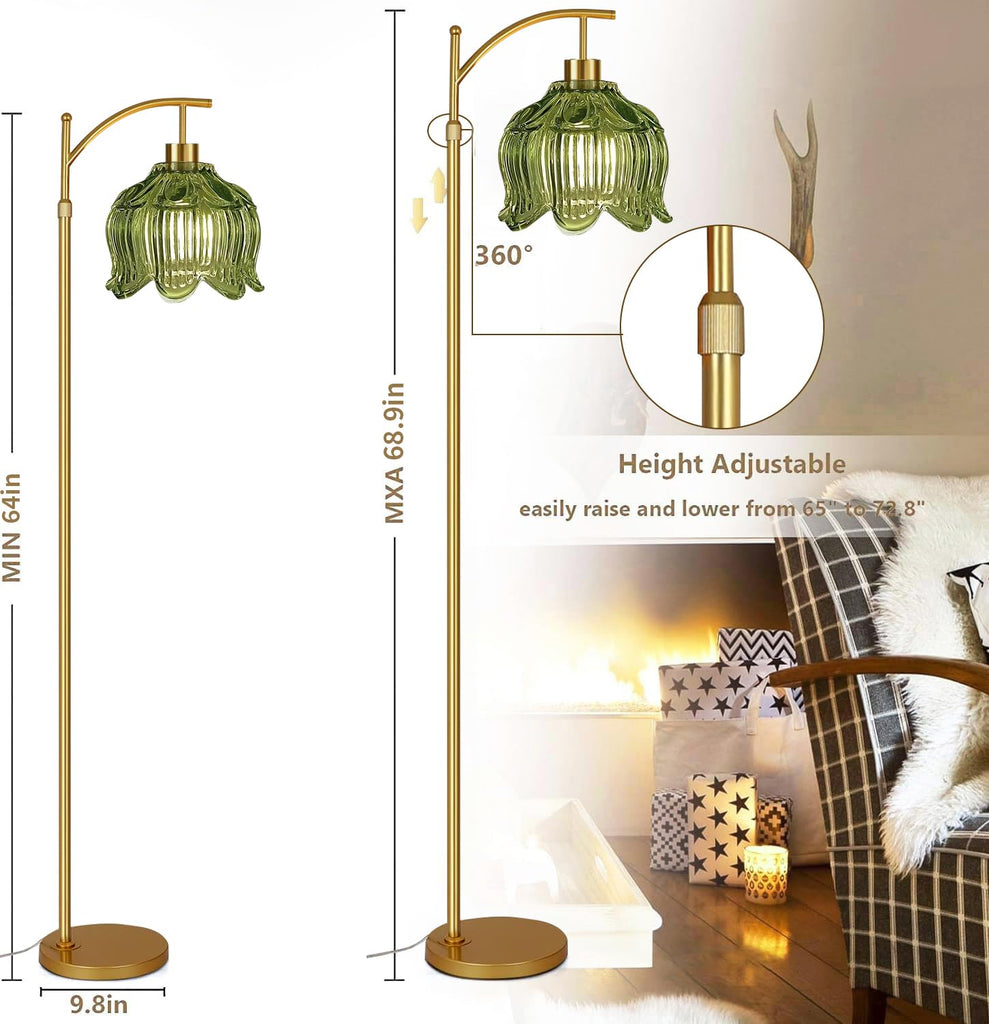 Glass Floor Lamp,Gold Dimmable Standing Lamp with Remote,Mid Century Modern Brass Tall Lamp Boho Vintage Floor Lamps
