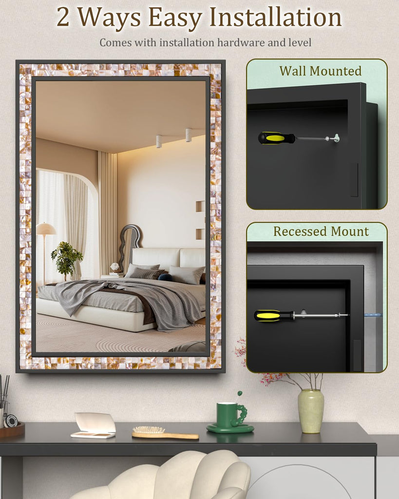20"x30" Black Bathroom Medicine Cabinet with Mirror, Art Deco Mother of Pearl Vanity Mirror with Storage, Reversible