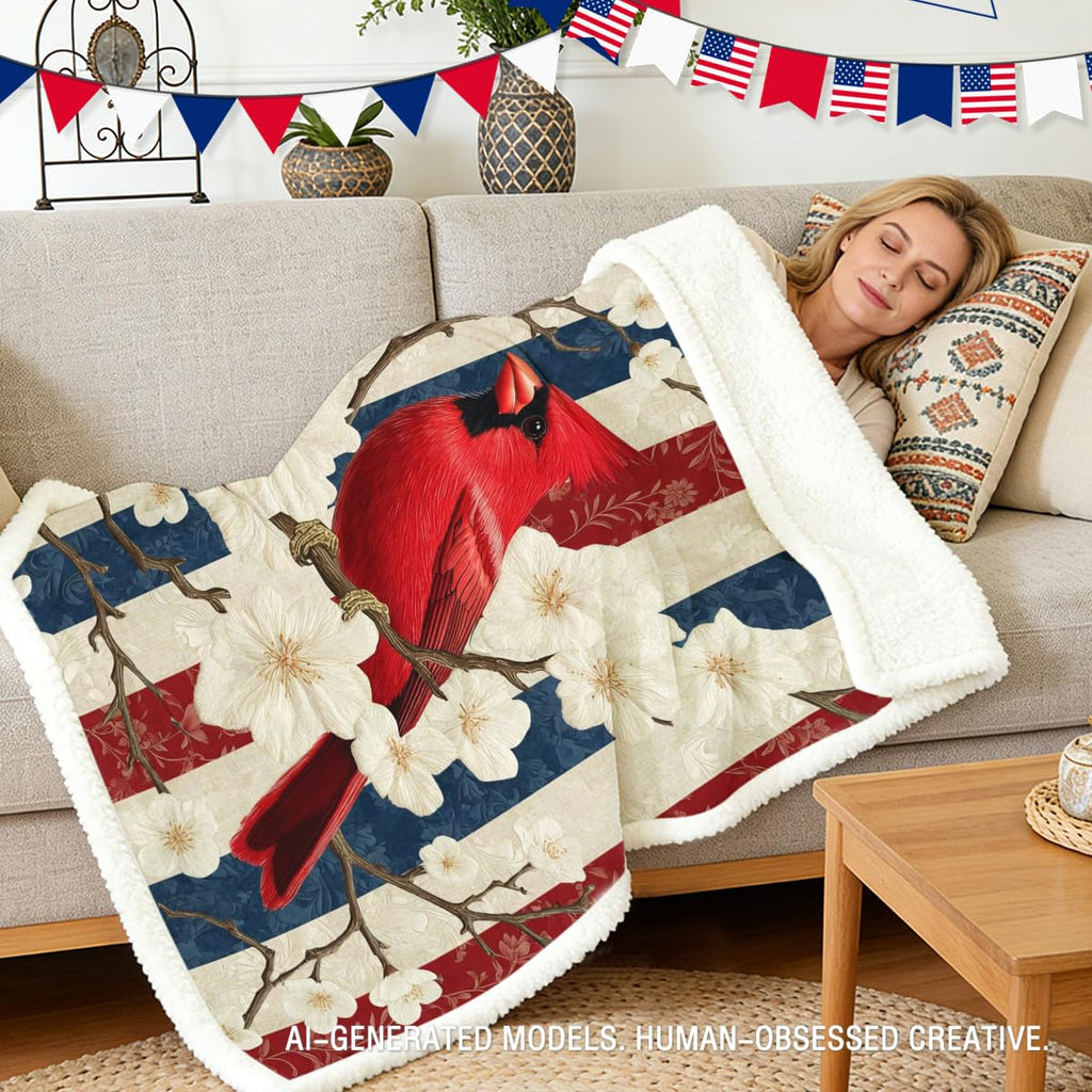 Cardinal Bird Sherpa Blanket with American Flag Stripe and White Blossom Design, Memorial Sympathy Gift Throw for