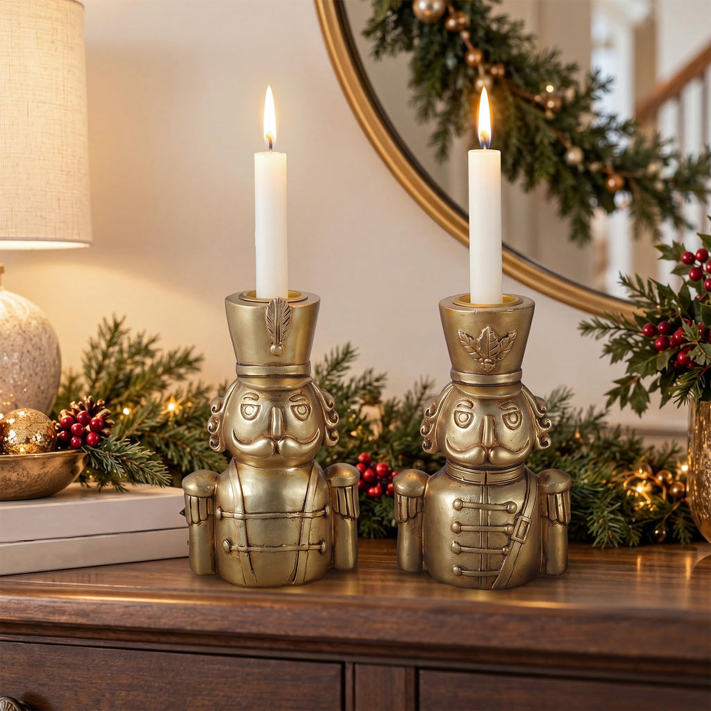 2 Pcs Nutcracker Candle Holders Gold Christmas Taper Candlesticks