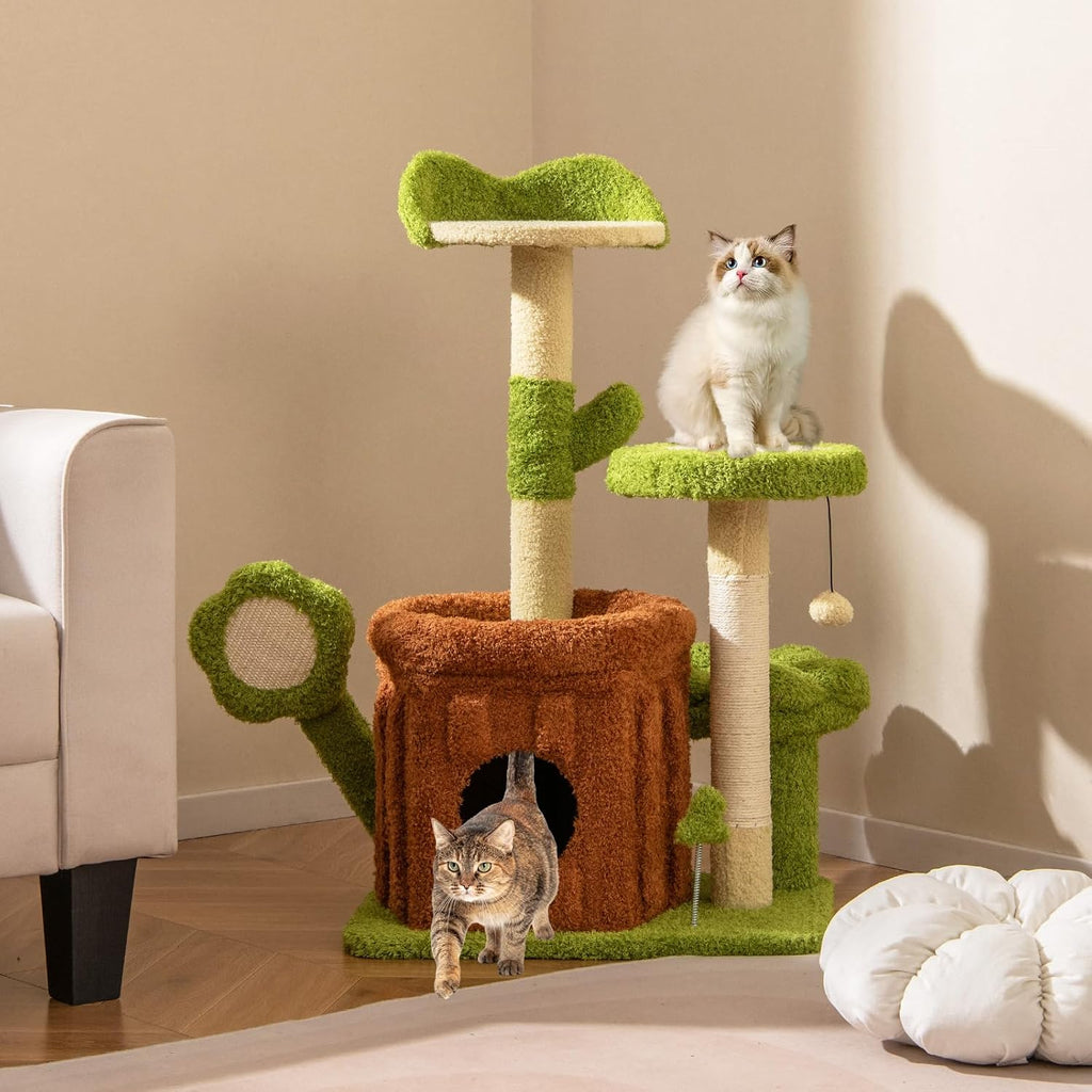 Cute Cat Tree Green Forest, 36 Inch Aesthetic Cat Tower with Sisal Scratching Posts & Board, Trunk Condo, Flower