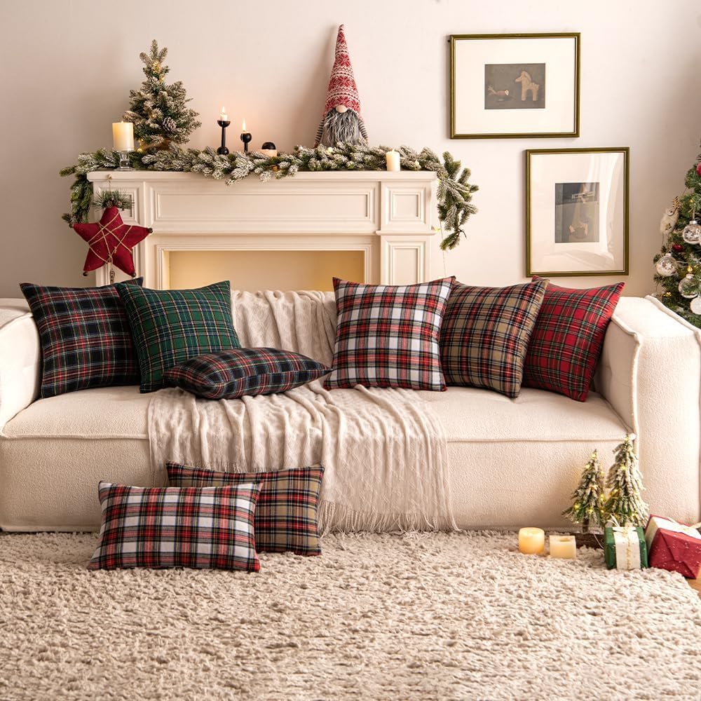 Christmas Euro Sham Plaid Throw Pillow Covers 22x22 Green Set of 2