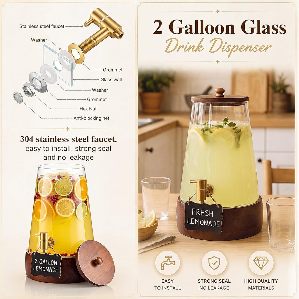 Sets 2 Gallon Glass Drink Dispenser for Parties Large Beverage Dispenser with Wooden Base Stand & Stainless Steel - Set of 2