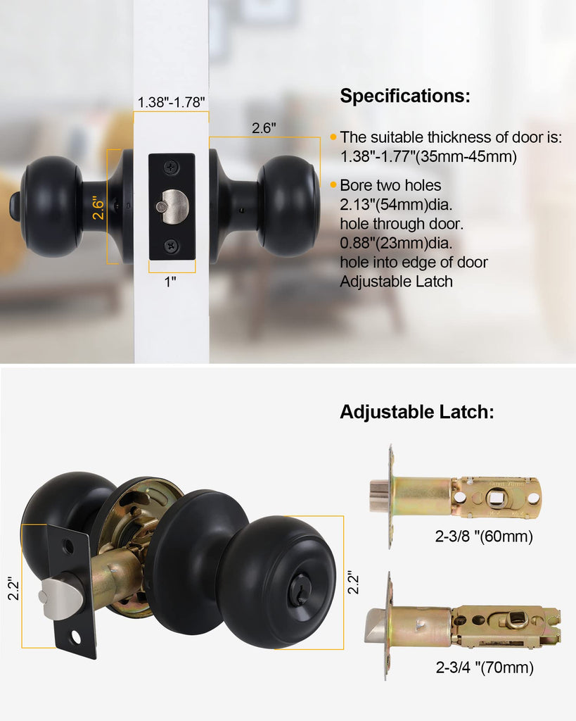 3 Pack) Entry Door Knobs with Lock and Keyed Alike, Interior/Exterior Flat Ball Door Locks /Bathroom/Front/Offic