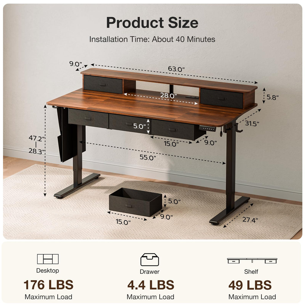 63x32" Electric Standing Desk with 5 Drawers, Power Outlets, LED Light