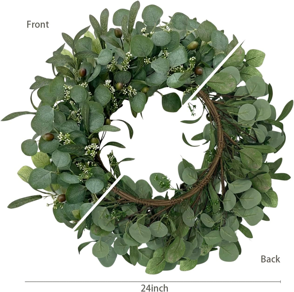 24 Inch Eucalyptus Wreath for Front Door, Large Artificial Greenery Wreaths with Olive Leaves and Berries, Farmhouse